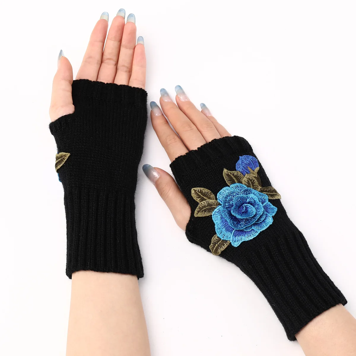 2025 New Autumn Winter Women's Short Fashion Embroidered Flower Gloves Knitted Wool Sleeves Warm Mittens Fingerless Gloves Women