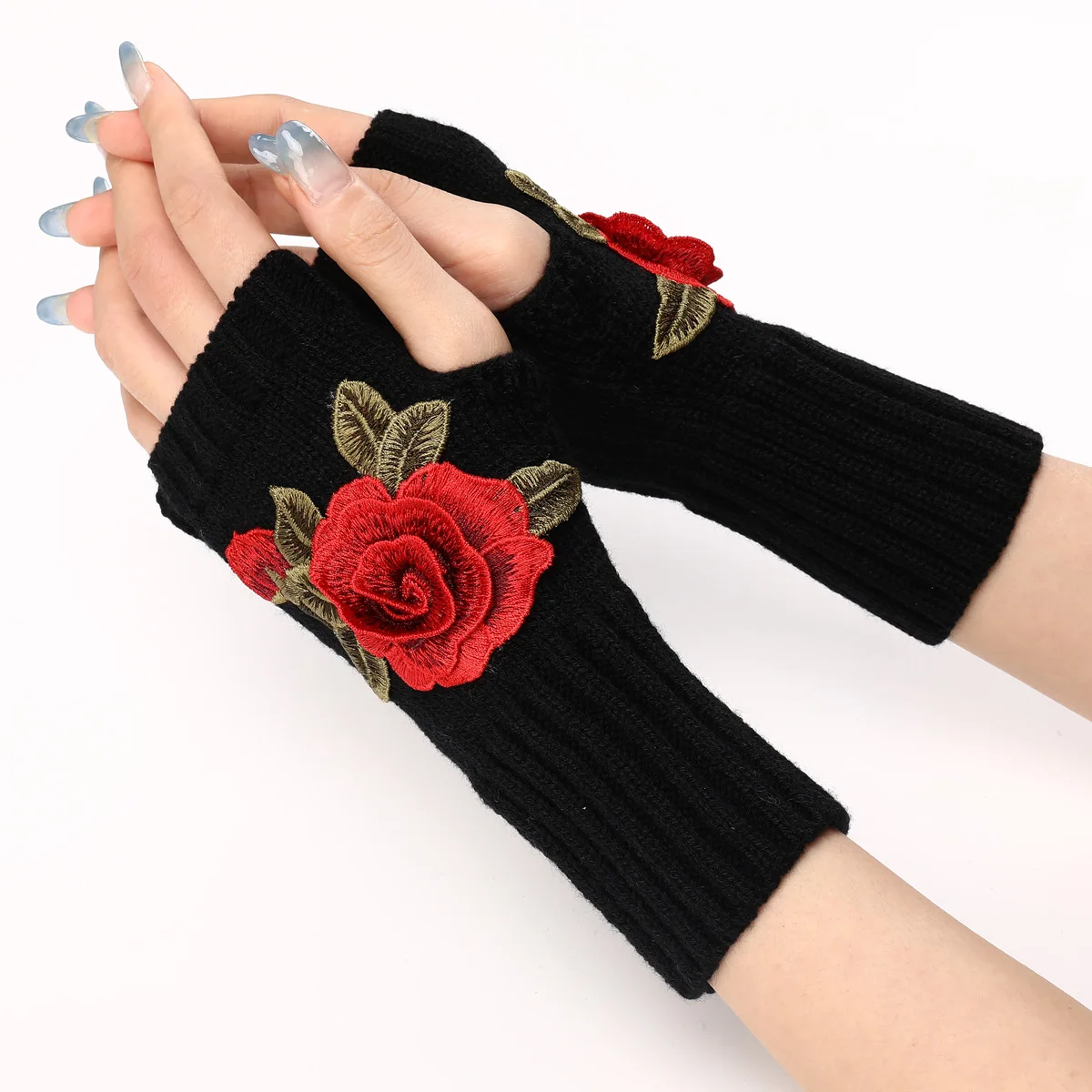 2025 New Autumn Winter Women's Short Fashion Embroidered Flower Gloves Knitted Wool Sleeves Warm Mittens Fingerless Gloves Women