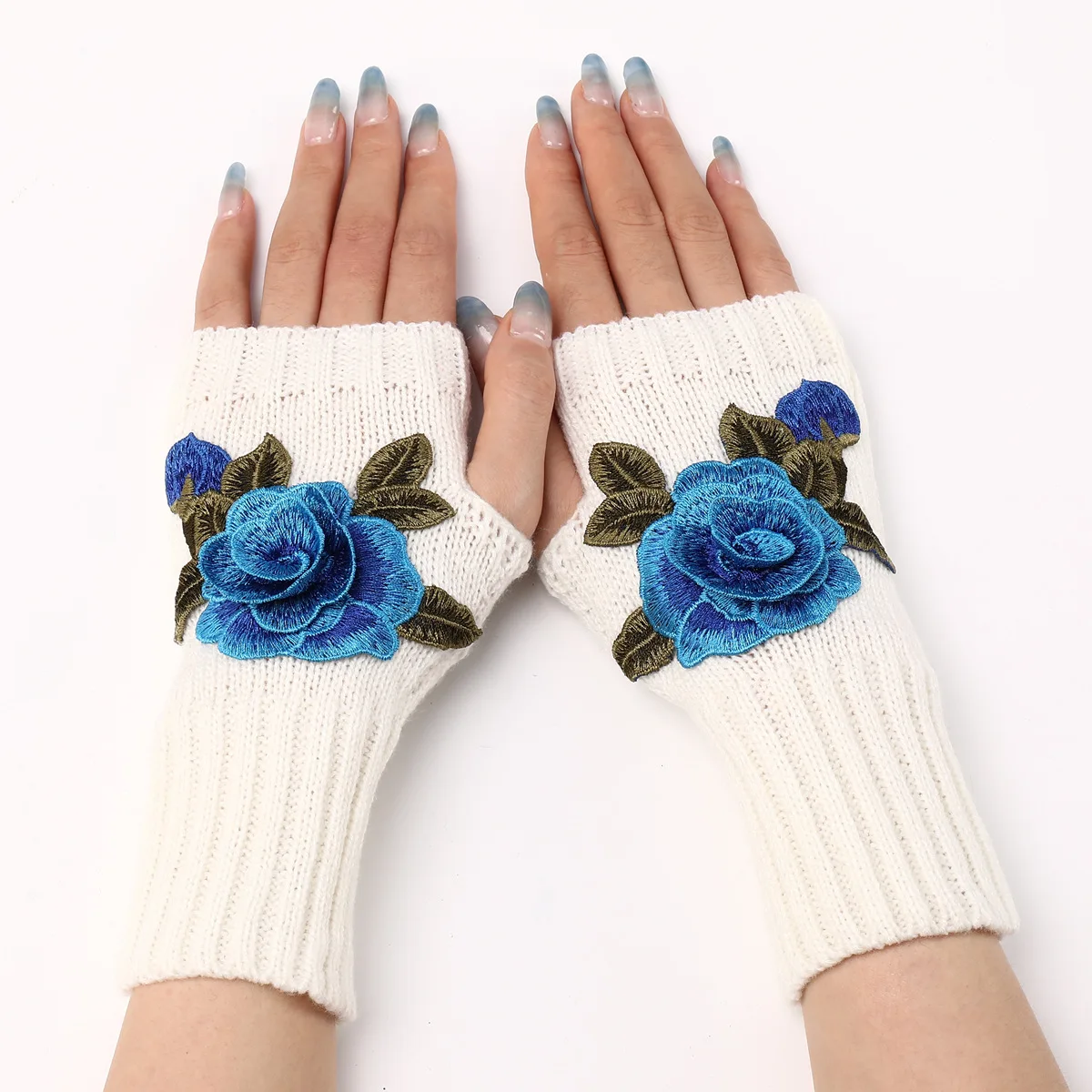 2025 New Autumn Winter Women's Short Fashion Embroidered Flower Gloves Knitted Wool Sleeves Warm Mittens Fingerless Gloves Women