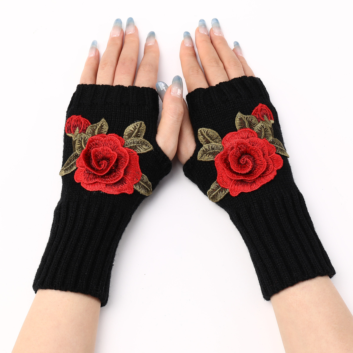 2025 New Autumn Winter Women's Short Fashion Embroidered Flower Gloves Knitted Wool Sleeves Warm Mittens Fingerless Gloves Women
