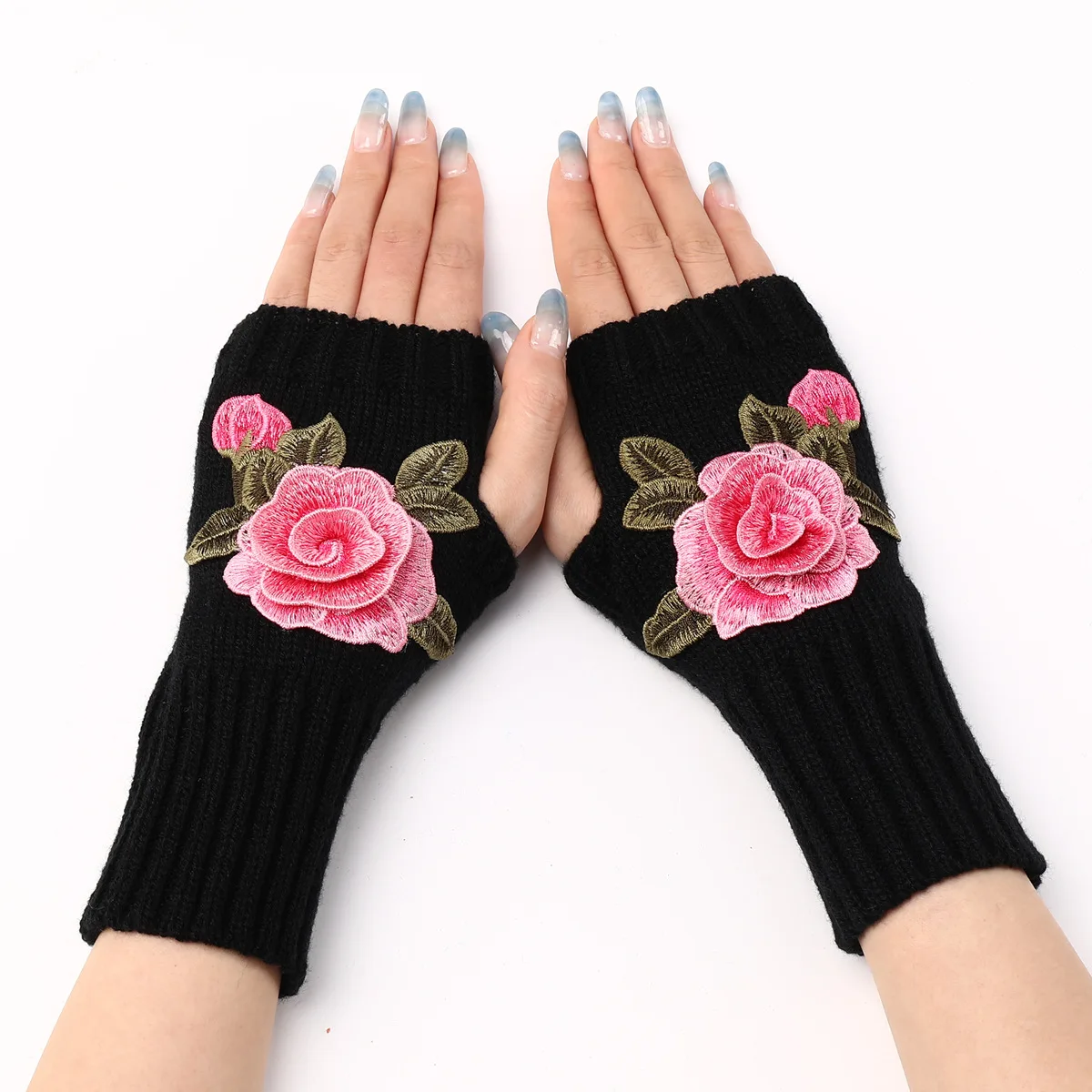 2025 New Autumn Winter Women's Short Fashion Embroidered Flower Gloves Knitted Wool Sleeves Warm Mittens Fingerless Gloves Women