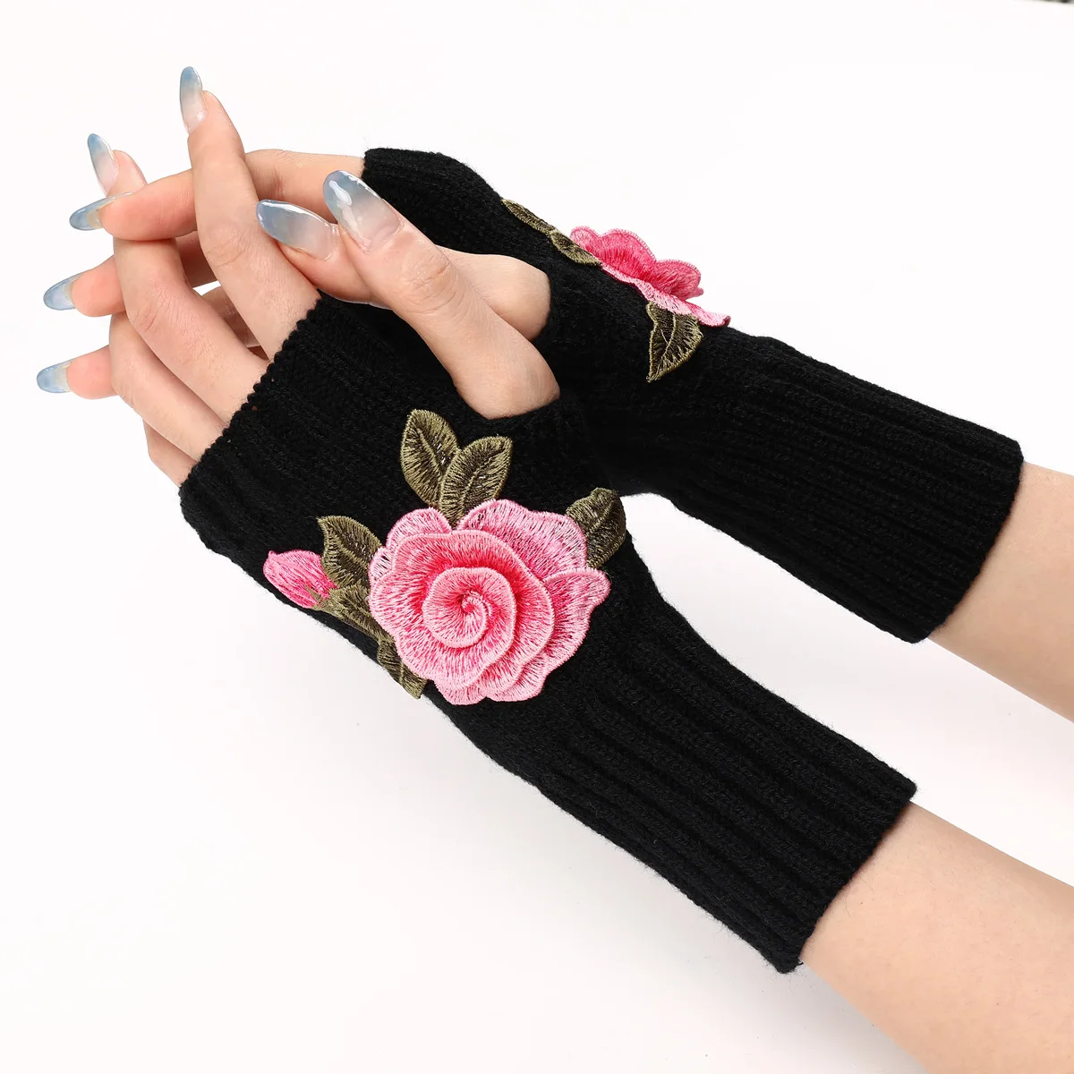 2025 New Autumn Winter Women's Short Fashion Embroidered Flower Gloves Knitted Wool Sleeves Warm Mittens Fingerless Gloves Women