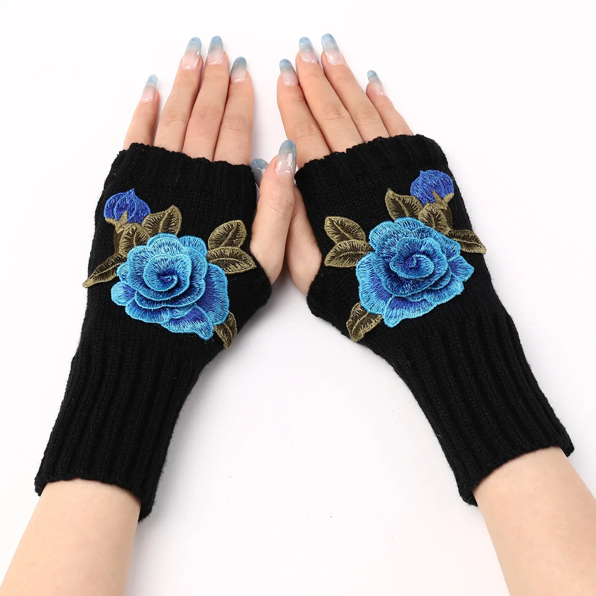 2025 New Autumn Winter Women's Short Fashion Embroidered Flower Gloves Knitted Wool Sleeves Warm Mittens Fingerless Gloves Women