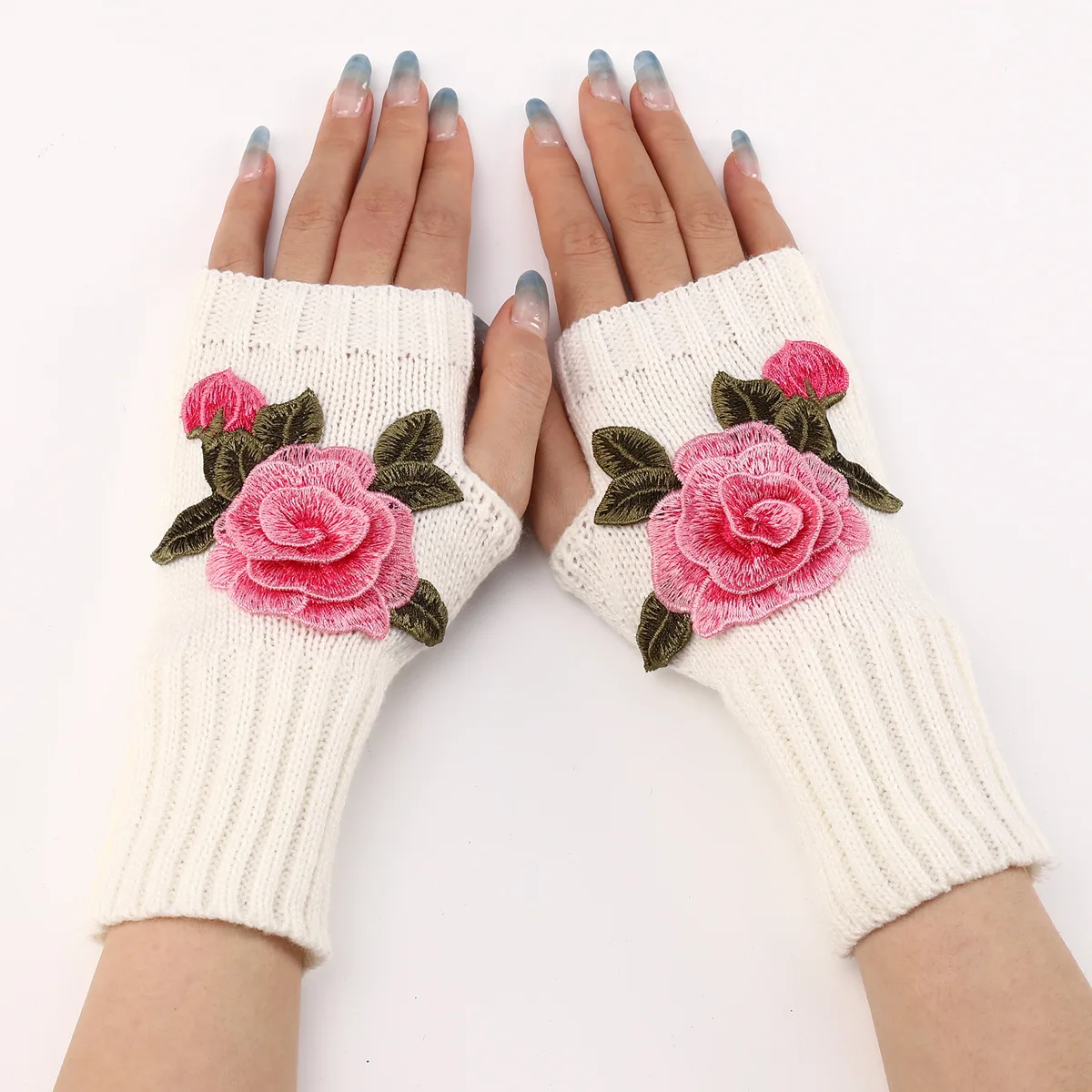 2025 New Autumn Winter Women's Short Fashion Embroidered Flower Gloves Knitted Wool Sleeves Warm Mittens Fingerless Gloves Women