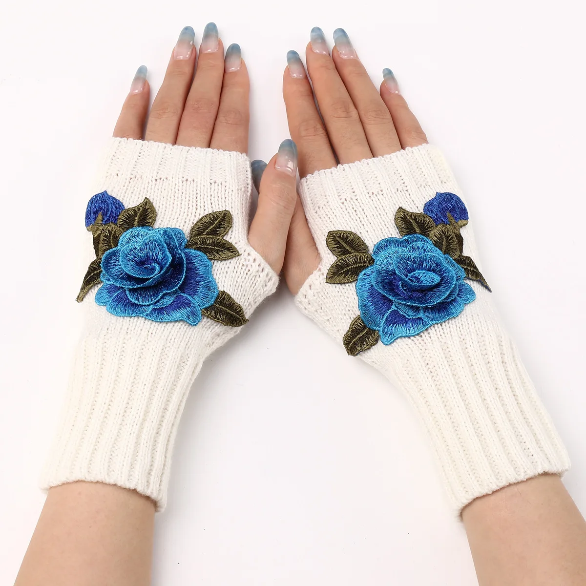 2025 New Autumn Winter Women's Short Fashion Embroidered Flower Gloves Knitted Wool Sleeves Warm Mittens Fingerless Gloves Women