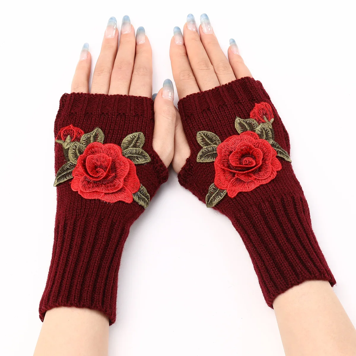 2025 New Autumn Winter Women's Short Fashion Embroidered Flower Gloves Knitted Wool Sleeves Warm Mittens Fingerless Gloves Women