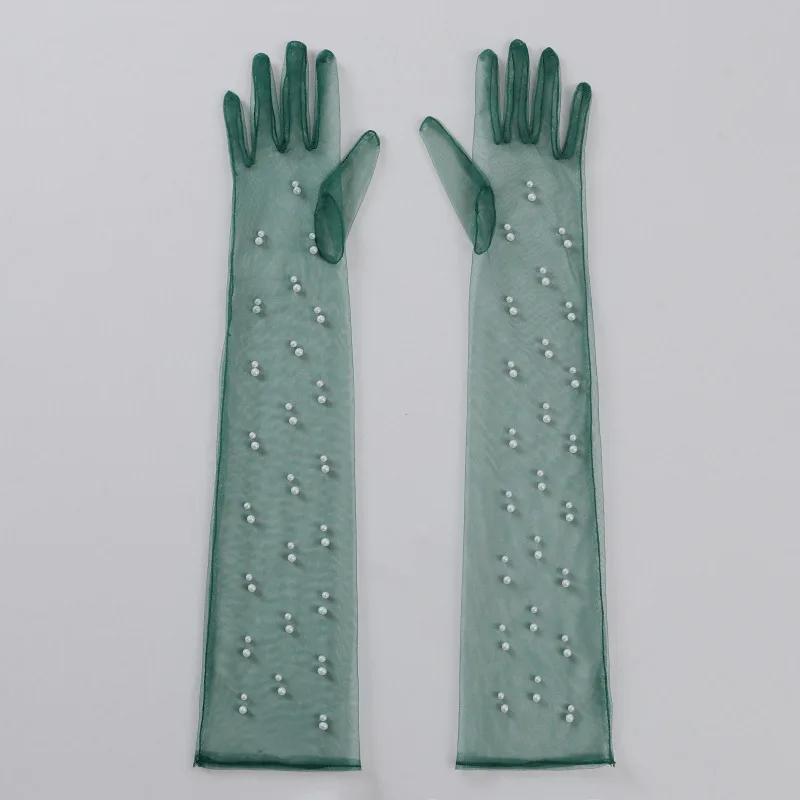 55CM Sexy Lace Thin Hollow Transparent Long Pearl Decoration Gloves Soft Breathable Solid Net Yarn Women Man Stage Performance