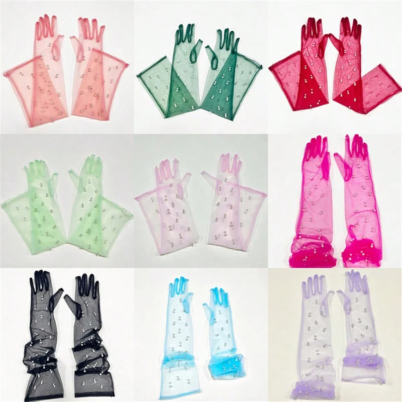 55CM Sexy Lace Thin Hollow Transparent Long Pearl Decoration Gloves Soft Breathable Solid Net Yarn Women Man Stage Performance