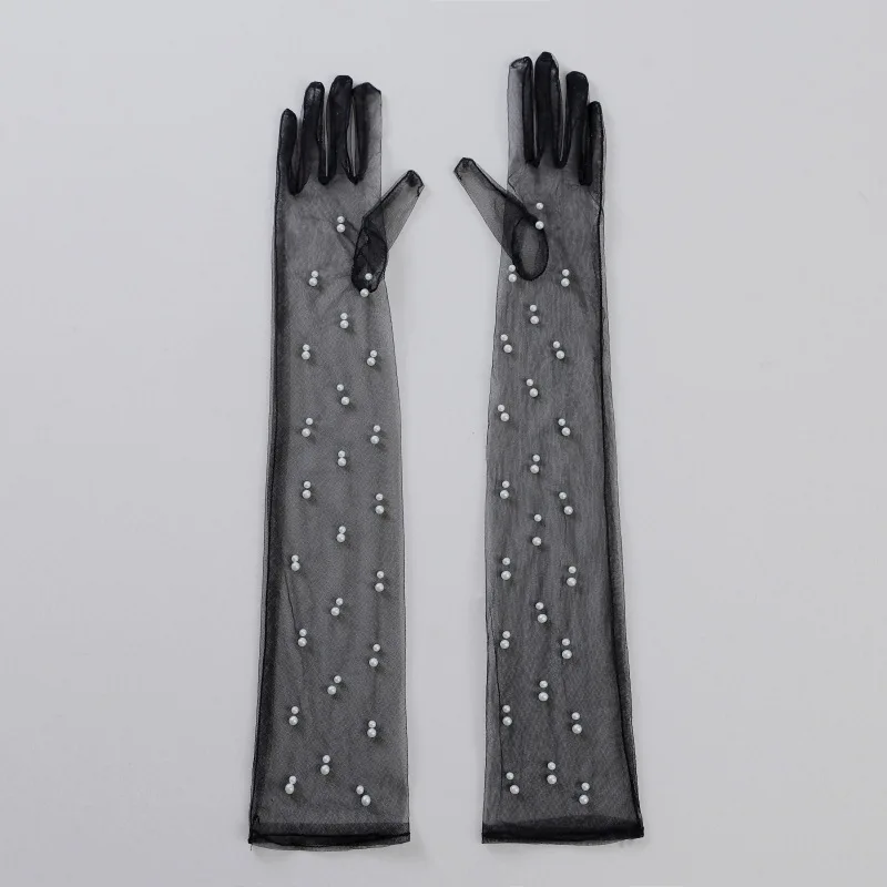55CM Sexy Lace Thin Hollow Transparent Long Pearl Decoration Gloves Soft Breathable Solid Net Yarn Women Man Stage Performance