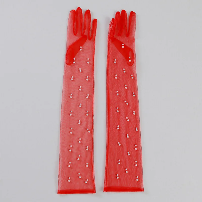 55CM Sexy Lace Thin Hollow Transparent Long Pearl Decoration Gloves Soft Breathable Solid Net Yarn Women Man Stage Performance