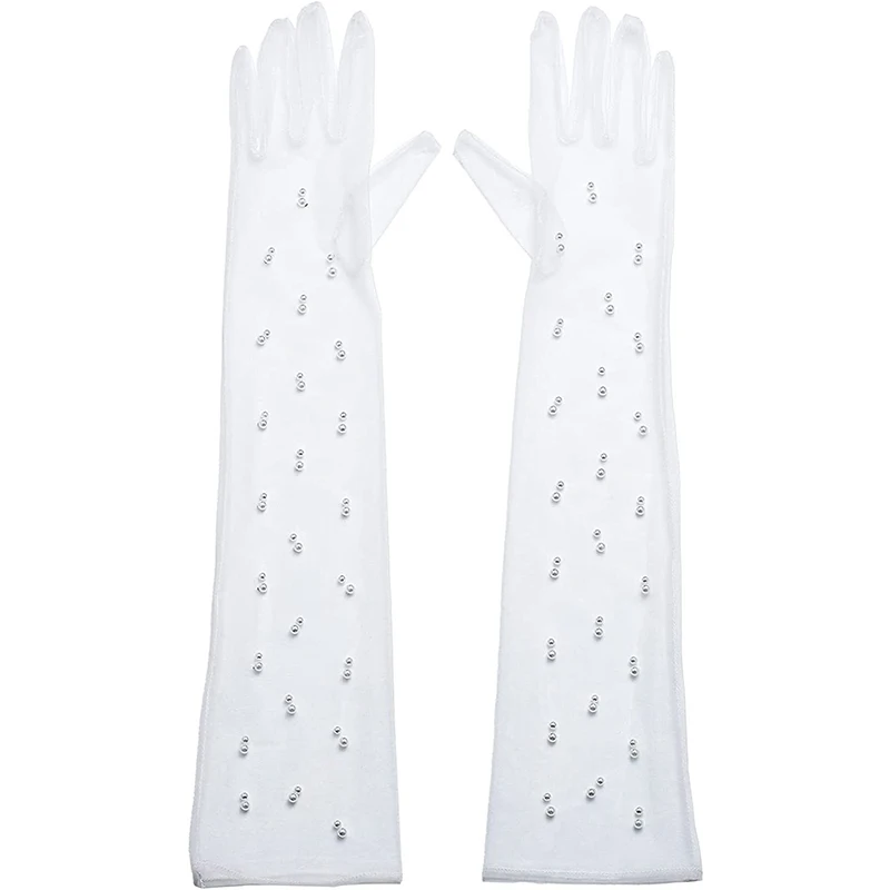 55CM Sexy Lace Thin Hollow Transparent Long Pearl Decoration Gloves Soft Breathable Solid Net Yarn Women Man Stage Performance