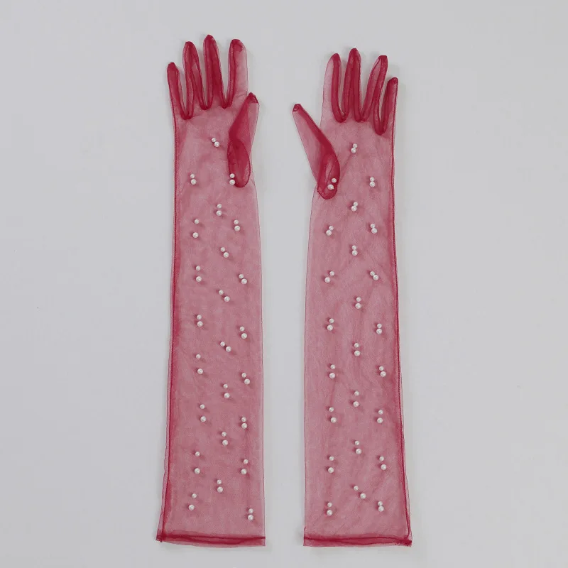 55CM Sexy Lace Thin Hollow Transparent Long Pearl Decoration Gloves Soft Breathable Solid Net Yarn Women Man Stage Performance