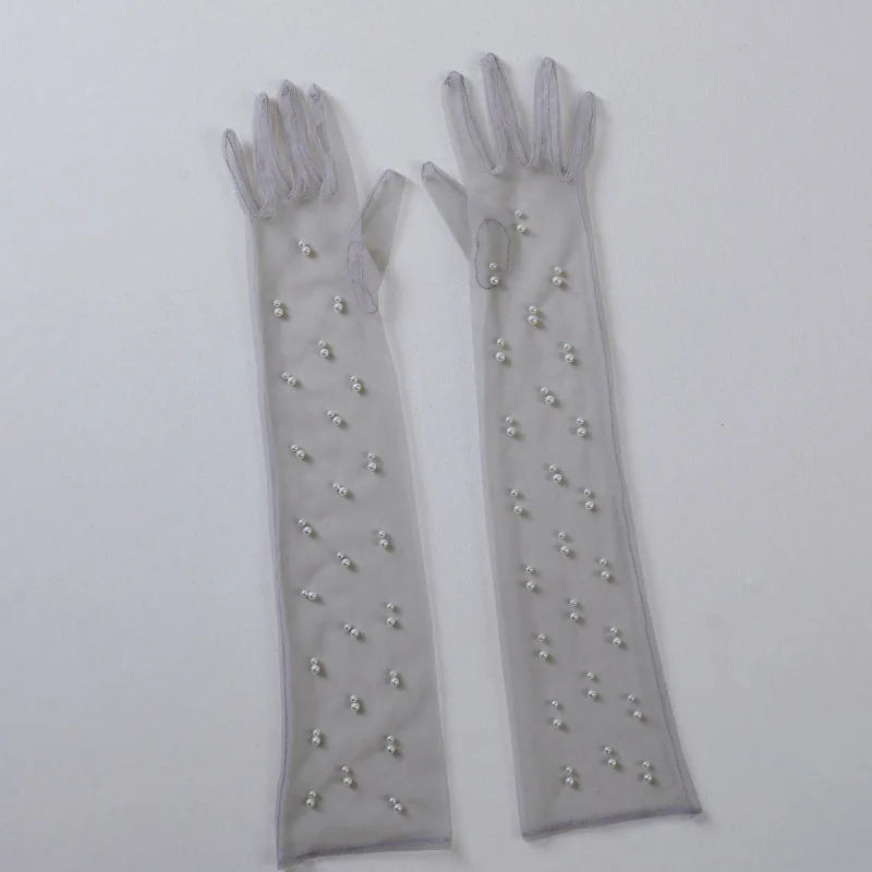 55CM Sexy Lace Thin Hollow Transparent Long Pearl Decoration Gloves Soft Breathable Solid Net Yarn Women Man Stage Performance