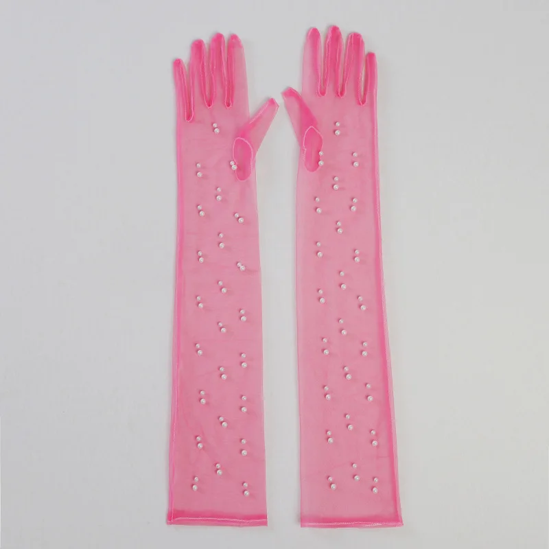 55CM Sexy Lace Thin Hollow Transparent Long Pearl Decoration Gloves Soft Breathable Solid Net Yarn Women Man Stage Performance