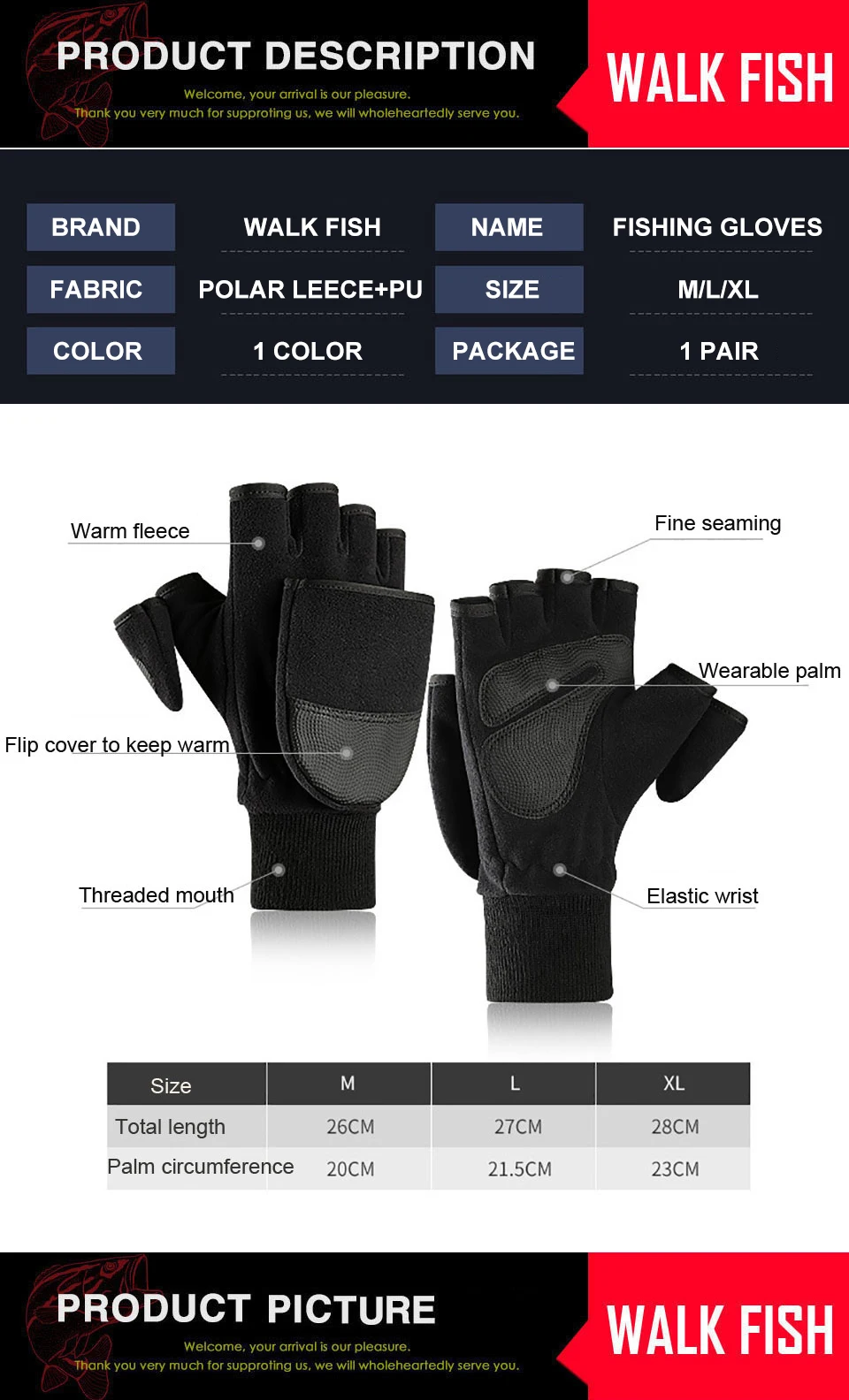 Winter Flip Cover Black Fishing Gloves Half Finger Anti-Slip Breathable Camera Photography Sports Outdoor Warm Gloves