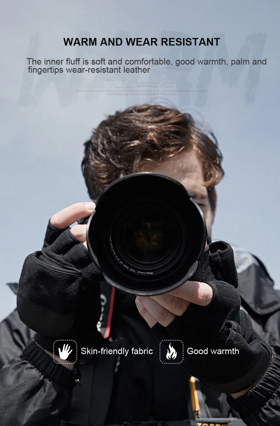 Winter Flip Cover Black Fishing Gloves Half Finger Anti-Slip Breathable Camera Photography Sports Outdoor Warm Gloves