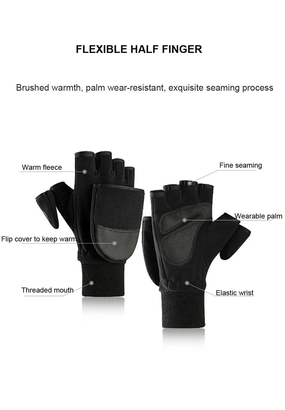 Winter Flip Cover Black Fishing Gloves Half Finger Anti-Slip Breathable Camera Photography Sports Outdoor Warm Gloves