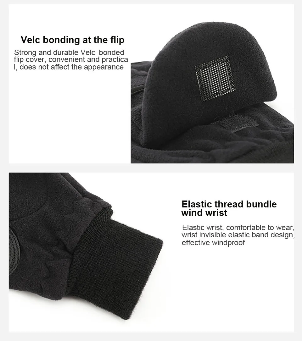 Winter Flip Cover Black Fishing Gloves Half Finger Anti-Slip Breathable Camera Photography Sports Outdoor Warm Gloves