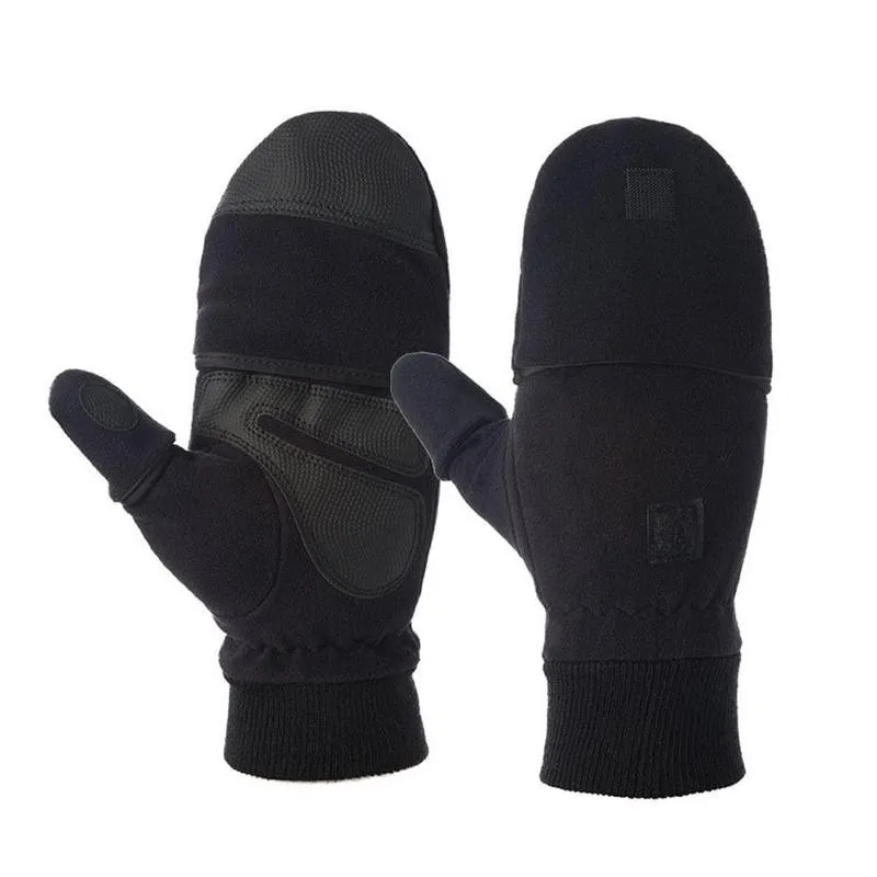 Winter Flip Cover Black Fishing Gloves Half Finger Anti-Slip Breathable Camera Photography Sports Outdoor Warm Gloves