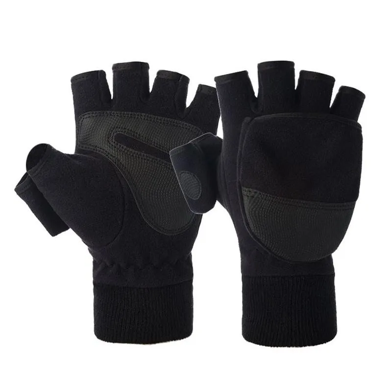 Winter Flip Cover Black Fishing Gloves Half Finger Anti-Slip Breathable Camera Photography Sports Outdoor Warm Gloves