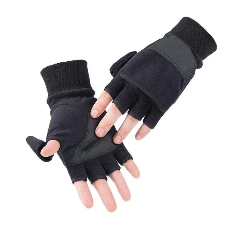Winter Flip Cover Black Fishing Gloves Half Finger Anti-Slip Breathable Camera Photography Sports Outdoor Warm Gloves