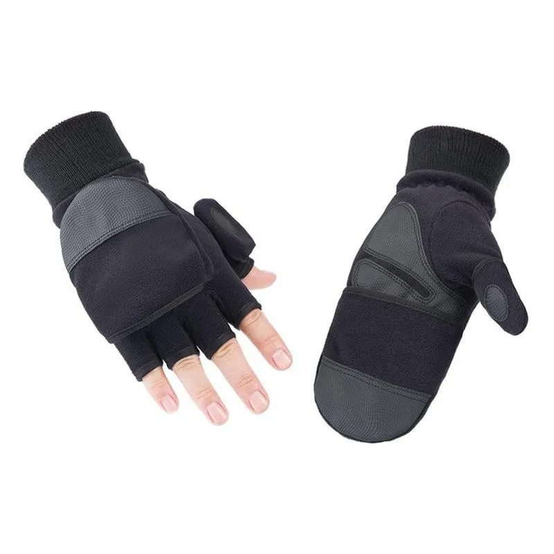 Winter Flip Cover Black Fishing Gloves Half Finger Anti-Slip Breathable Camera Photography Sports Outdoor Warm Gloves
