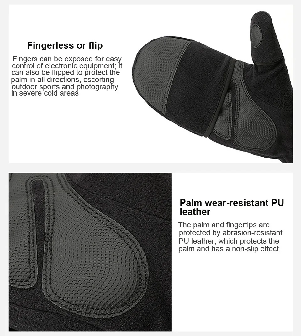 Winter Flip Cover Black Fishing Gloves Half Finger Anti-Slip Breathable Camera Photography Sports Outdoor Warm Gloves