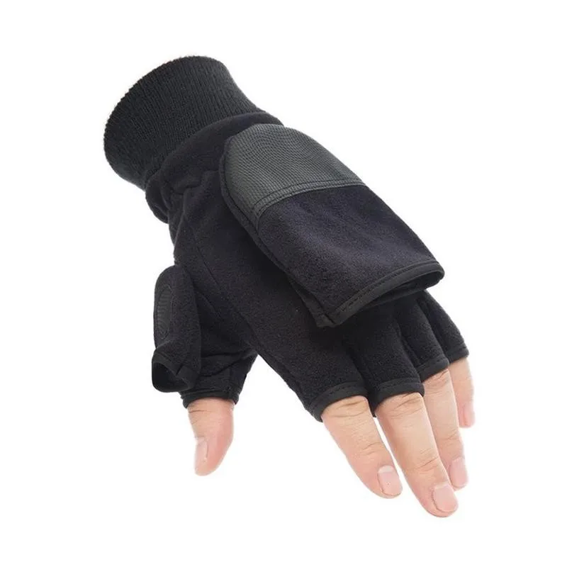 Winter Flip Cover Black Fishing Gloves Half Finger Anti-Slip Breathable Camera Photography Sports Outdoor Warm Gloves
