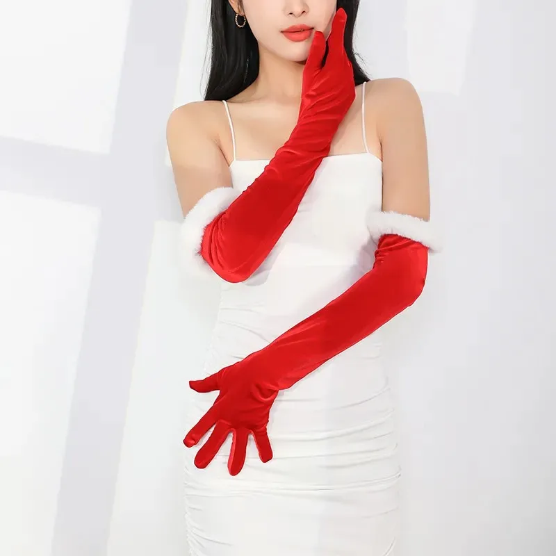 New Christmas Plush Party Etiquette Gloves for Autumn and Winter Thickened Warm Velvet Mouth Women's Long Gloves