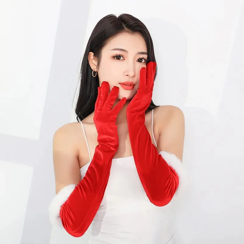 New Christmas Plush Party Etiquette Gloves for Autumn and Winter Thickened Warm Velvet Mouth Women's Long Gloves