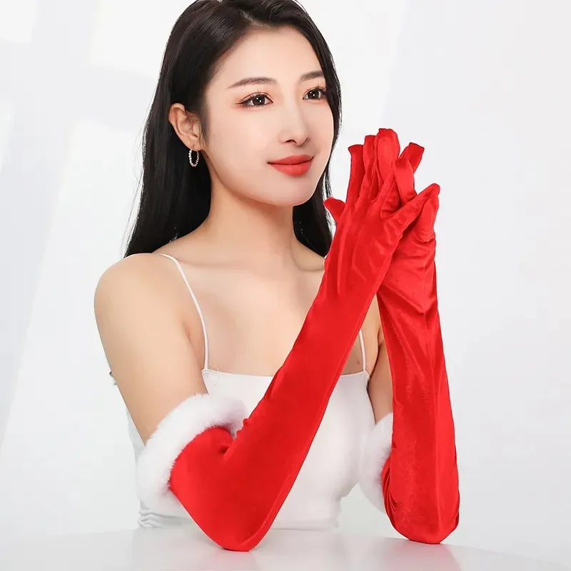 New Christmas Plush Party Etiquette Gloves for Autumn and Winter Thickened Warm Velvet Mouth Women's Long Gloves