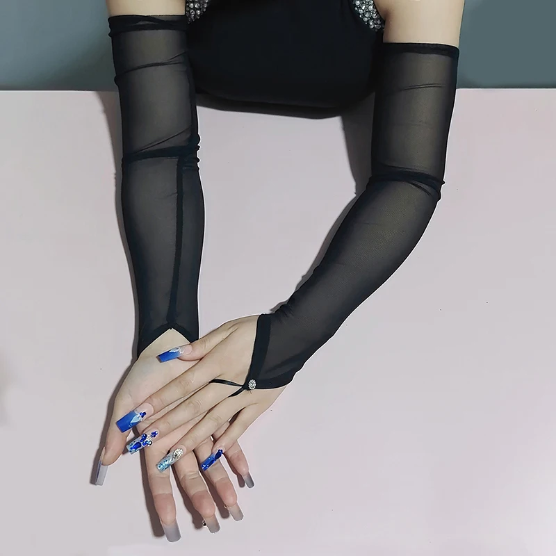 Transparent Mesh Women Sexy Hook Finger Gloves Summer Hollow Breathable Long Fingerless Gloves Cosplay Pole Dance Accessories