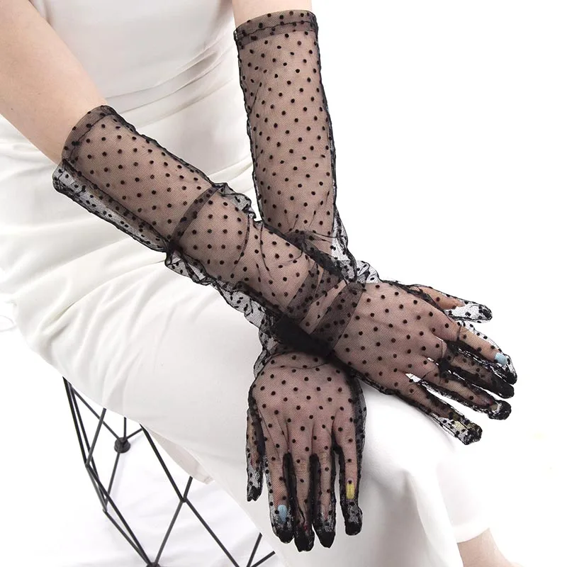 Fashion Sexy Women Black White Dot Lace Long Tulle Gloves Bride Wedding Stretchy Full Finger Transparent Thin Lady Mesh Gloves