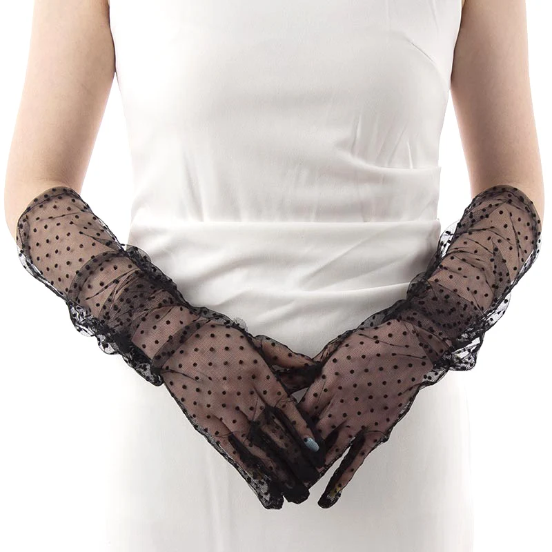 Fashion Sexy Women Black White Dot Lace Long Tulle Gloves Bride Wedding Stretchy Full Finger Transparent Thin Lady Mesh Gloves