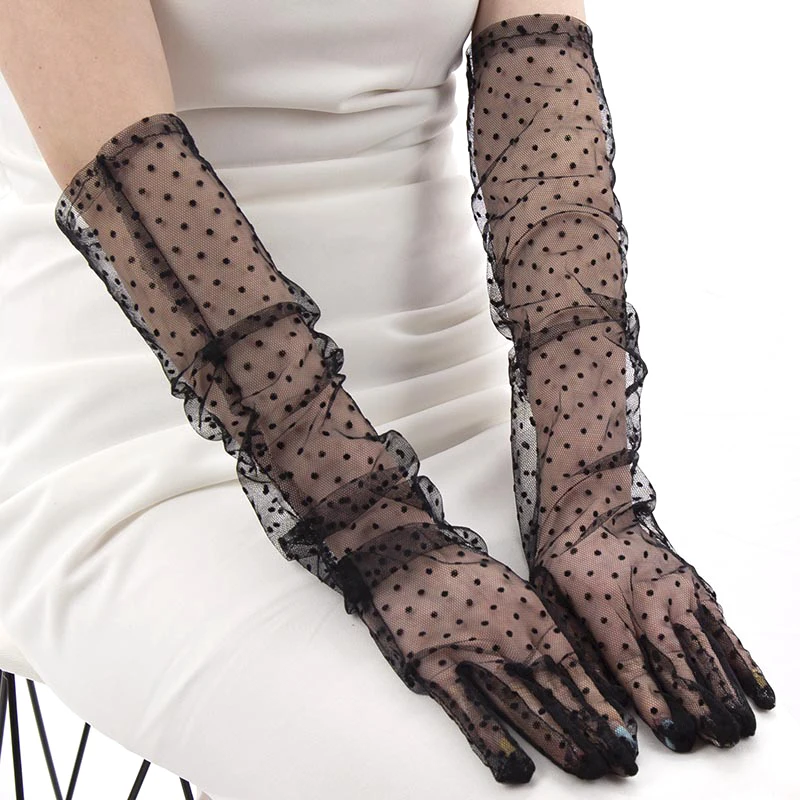 Fashion Sexy Women Black White Dot Lace Long Tulle Gloves Bride Wedding Stretchy Full Finger Transparent Thin Lady Mesh Gloves