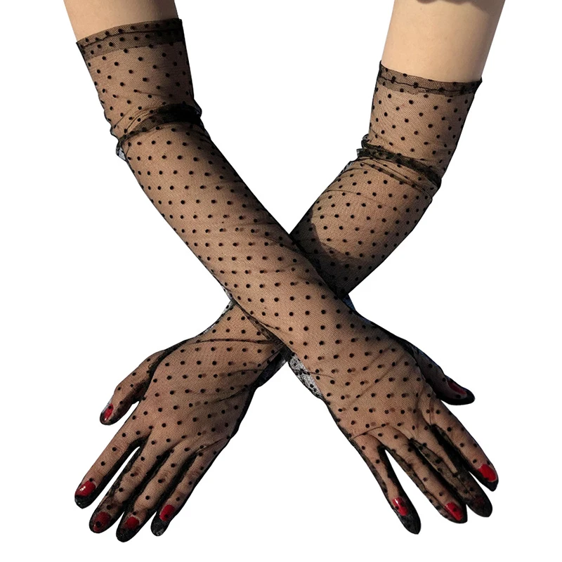 Fashion Sexy Women Black White Dot Lace Long Tulle Gloves Bride Wedding Stretchy Full Finger Transparent Thin Lady Mesh Gloves