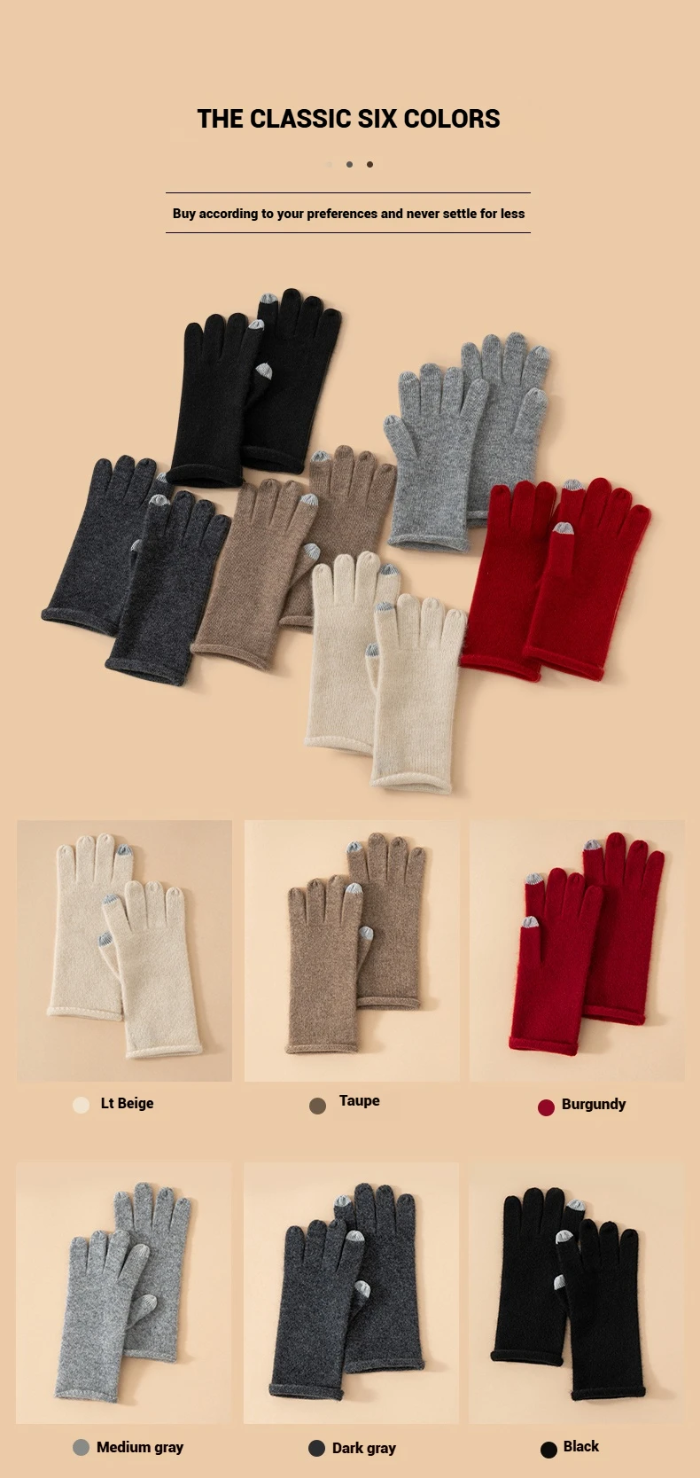 Women Selected Premium Cashmere Knitted Gloves Finger Touchscreen 100% Cashmere Simple Autumn Winter Thermal Gloves