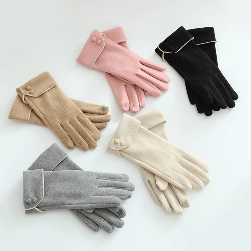 Winter Fleece Lined Thickened Windproof Warm Driving Cycling WomenTouchscreen Gloves Retro Elegant Button Wrist Soft Luxury