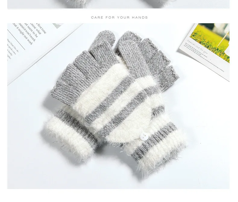 COKK Women Fingerless Gloves Cute Faux Rabbit Fur Stripe Knitted Gloves Female Winter Knitting Warmer Wrist Hand Gloves Mitten