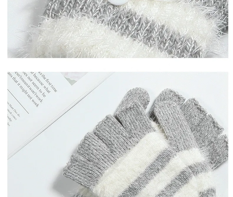 COKK Women Fingerless Gloves Cute Faux Rabbit Fur Stripe Knitted Gloves Female Winter Knitting Warmer Wrist Hand Gloves Mitten