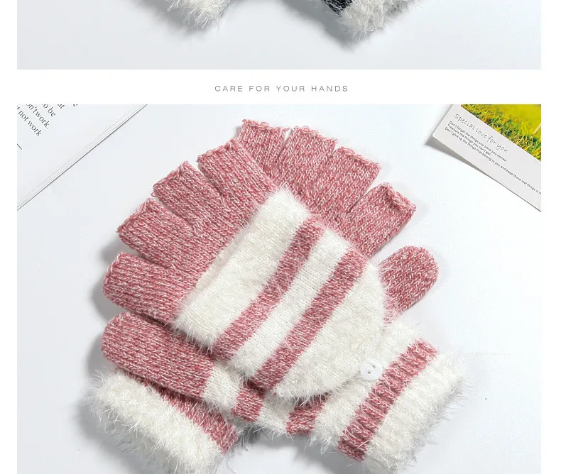 COKK Women Fingerless Gloves Cute Faux Rabbit Fur Stripe Knitted Gloves Female Winter Knitting Warmer Wrist Hand Gloves Mitten
