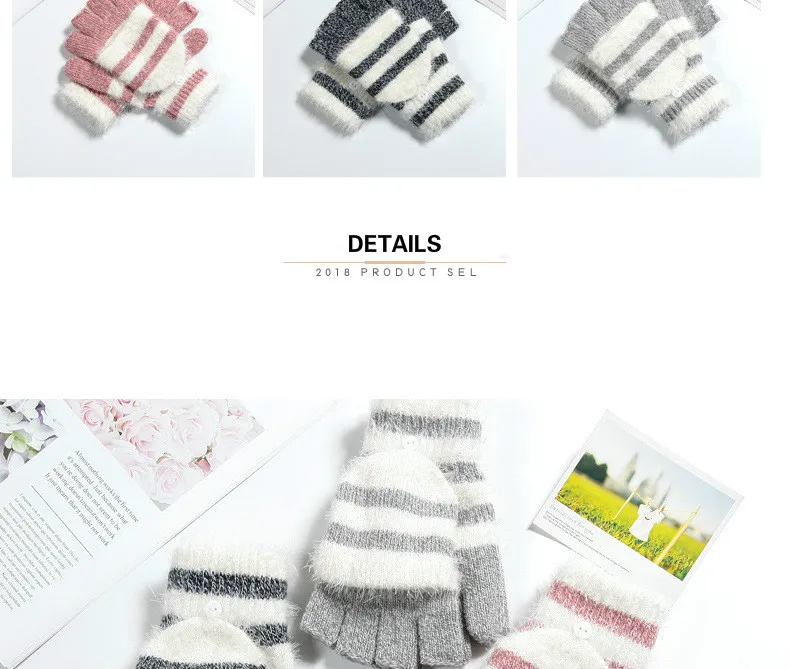 COKK Women Fingerless Gloves Cute Faux Rabbit Fur Stripe Knitted Gloves Female Winter Knitting Warmer Wrist Hand Gloves Mitten