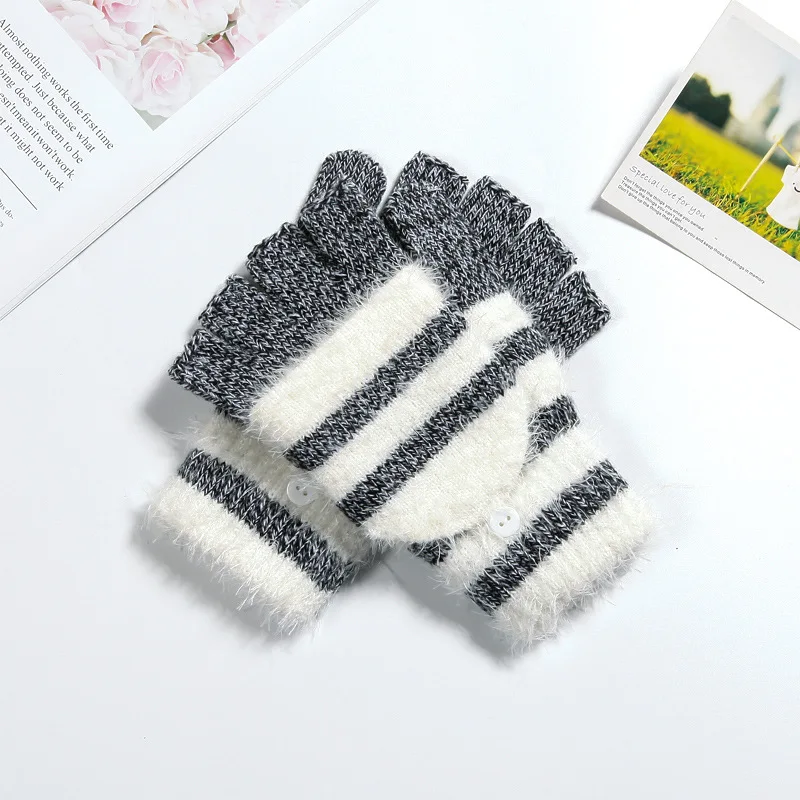 COKK Women Fingerless Gloves Cute Faux Rabbit Fur Stripe Knitted Gloves Female Winter Knitting Warmer Wrist Hand Gloves Mitten
