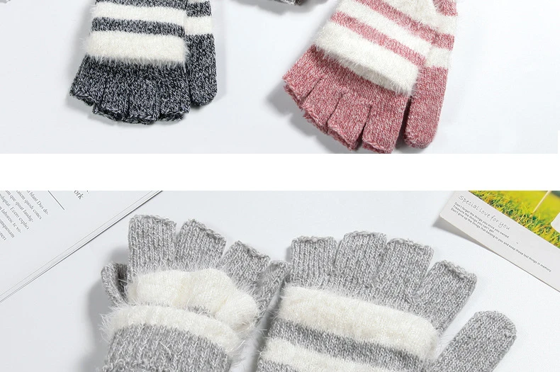 COKK Women Fingerless Gloves Cute Faux Rabbit Fur Stripe Knitted Gloves Female Winter Knitting Warmer Wrist Hand Gloves Mitten