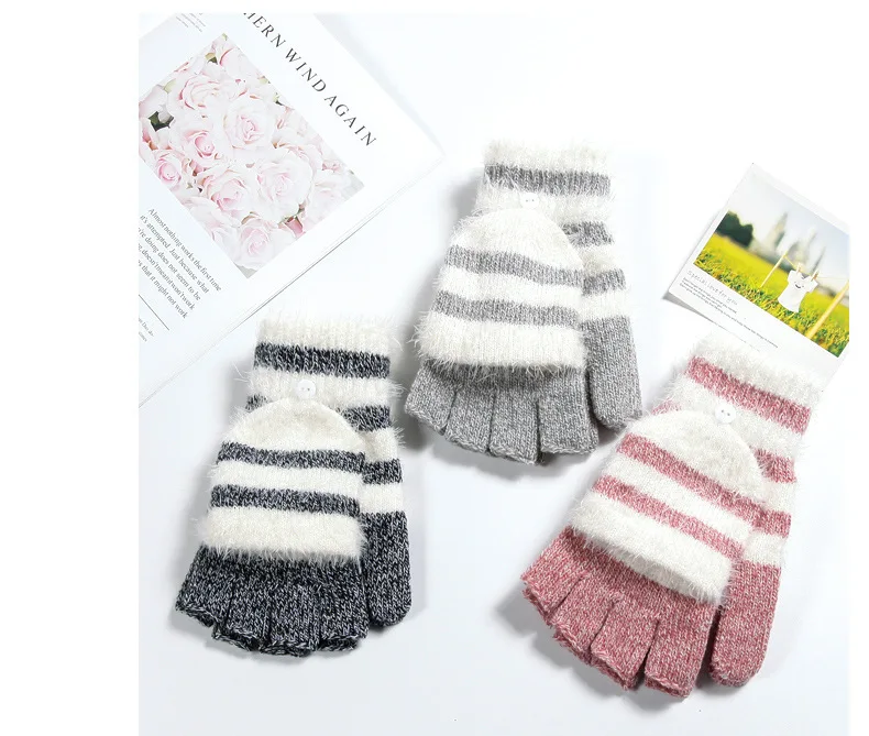 COKK Women Fingerless Gloves Cute Faux Rabbit Fur Stripe Knitted Gloves Female Winter Knitting Warmer Wrist Hand Gloves Mitten