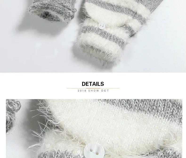 COKK Women Fingerless Gloves Cute Faux Rabbit Fur Stripe Knitted Gloves Female Winter Knitting Warmer Wrist Hand Gloves Mitten
