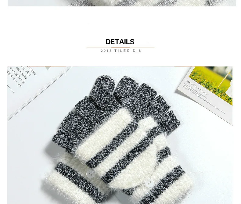 COKK Women Fingerless Gloves Cute Faux Rabbit Fur Stripe Knitted Gloves Female Winter Knitting Warmer Wrist Hand Gloves Mitten