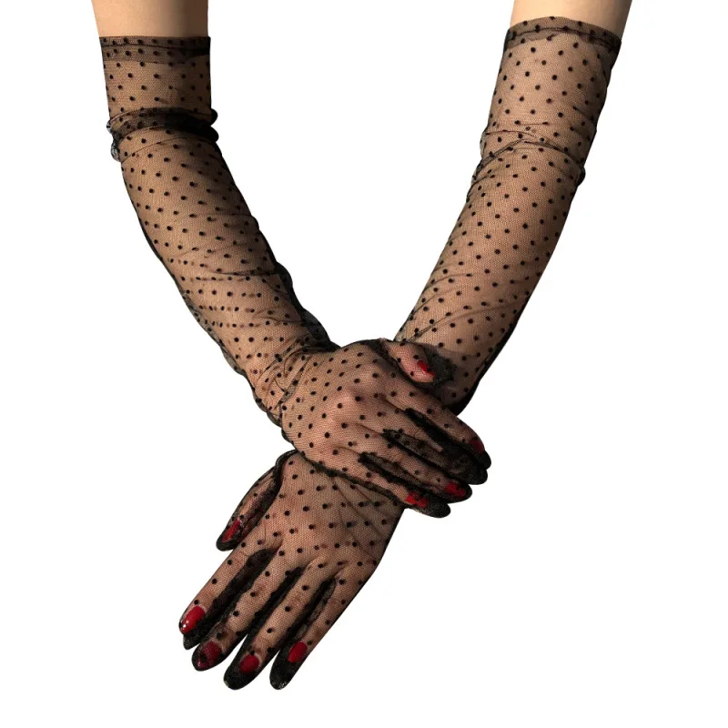 54cm Women Dot Mesh Retro Style Breathable Sexy Thin Long Gloves Etiquette Party Transparent Wedding Bride Model photography