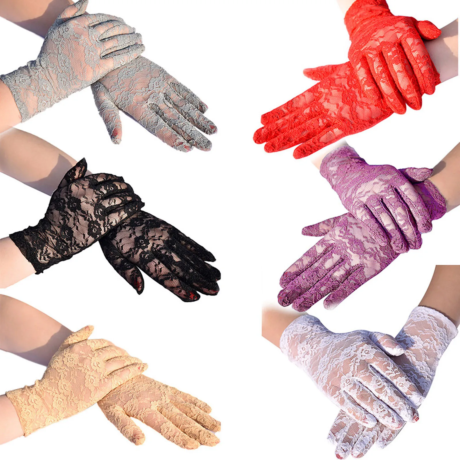 Women Vintage Sheer Short Lace Gloves Derby Tea Party Wrist Length Floral Gloves For Dinner Fancy Costume Accessories Gloves