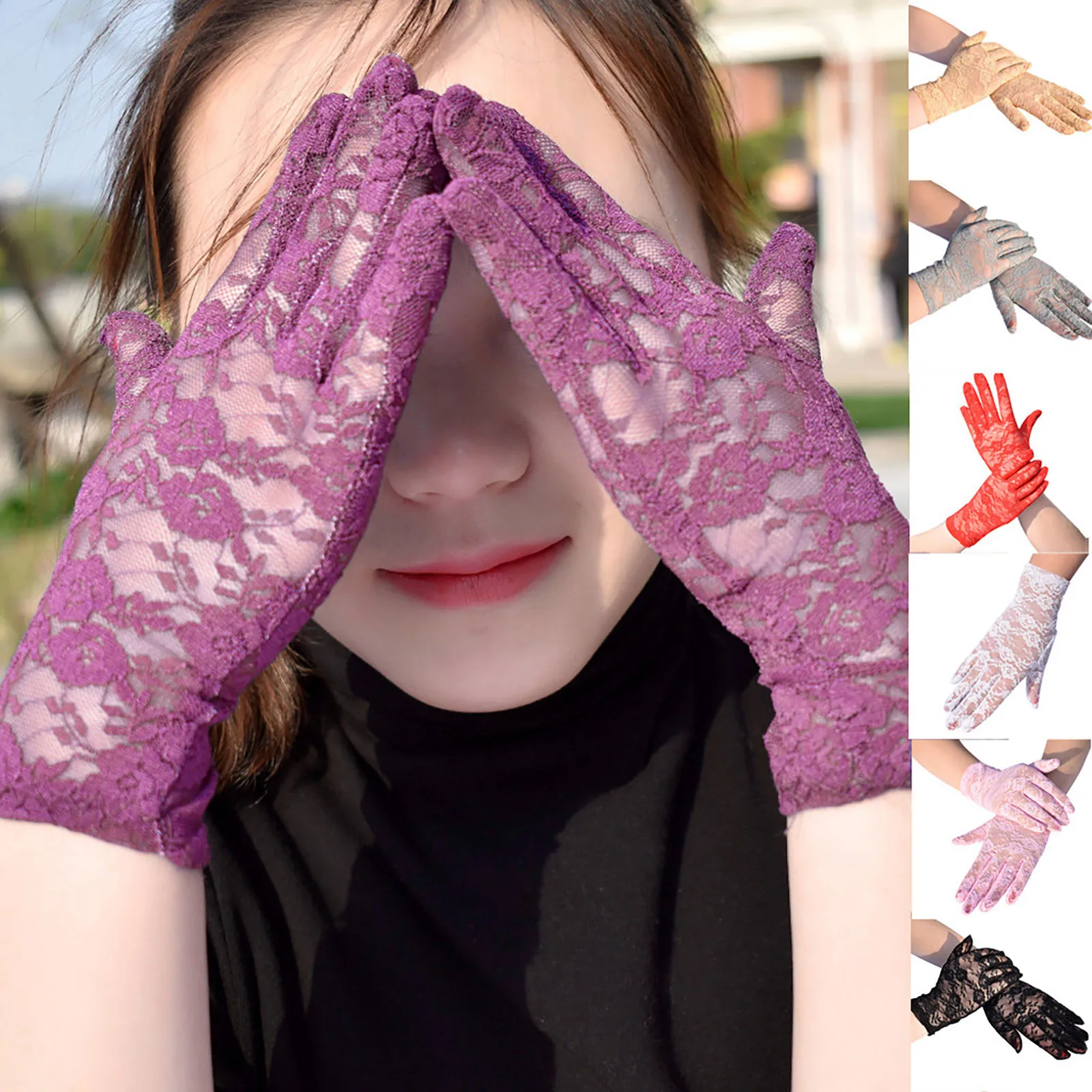 Women Vintage Sheer Short Lace Gloves Derby Tea Party Wrist Length Floral Gloves For Dinner Fancy Costume Accessories Gloves